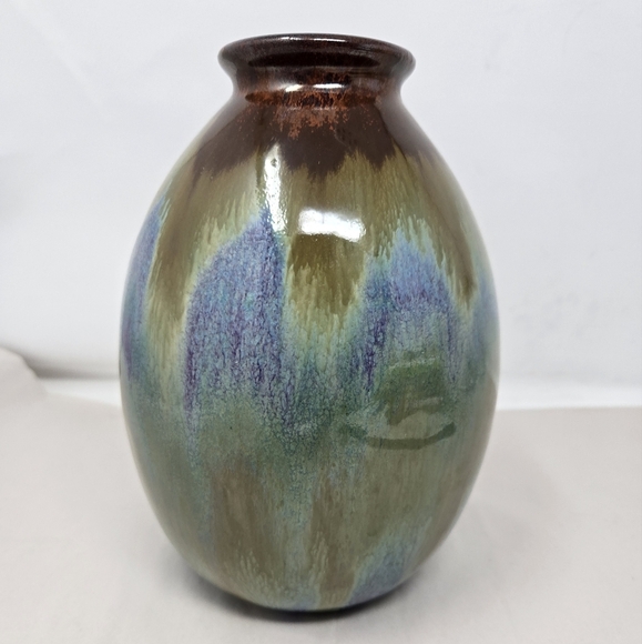 Pottery Vase Egg Shape Multicolor Glazed Timeless Beauty Drip Brown Over Blue - Picture 3 of 11